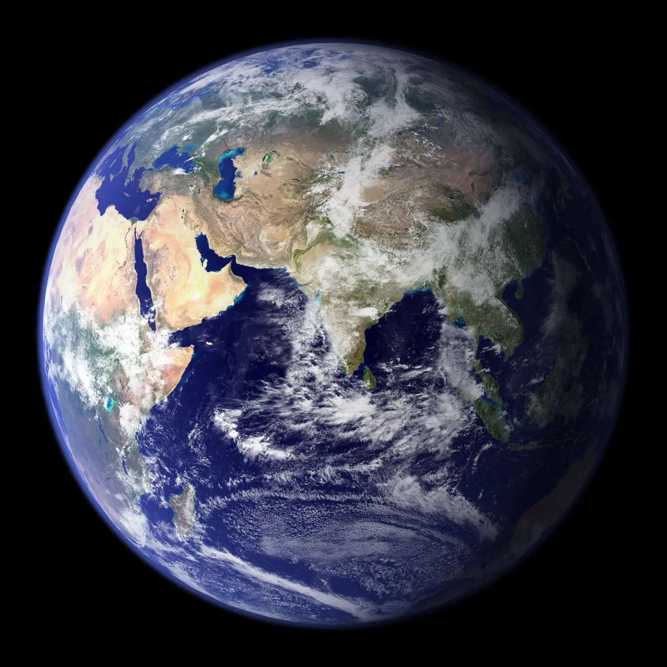 Earth from space showing continents and oceans.