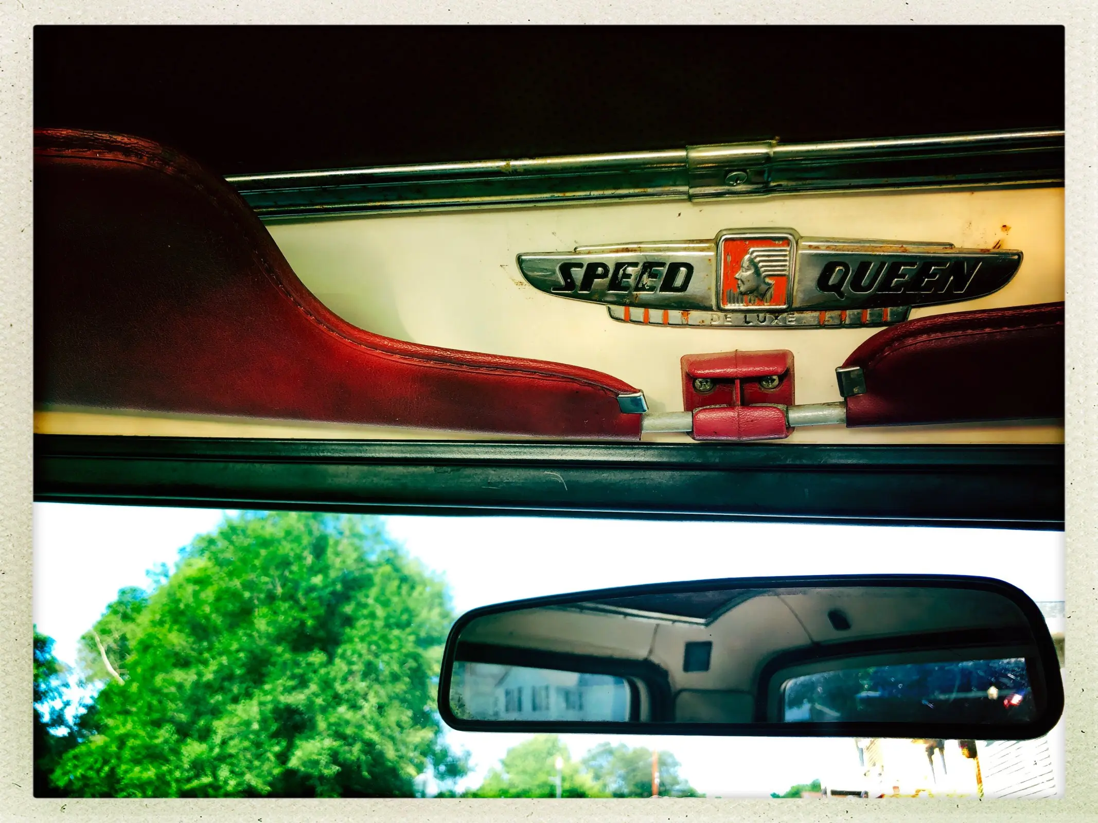 Vintage car interior with Speed Queen logo