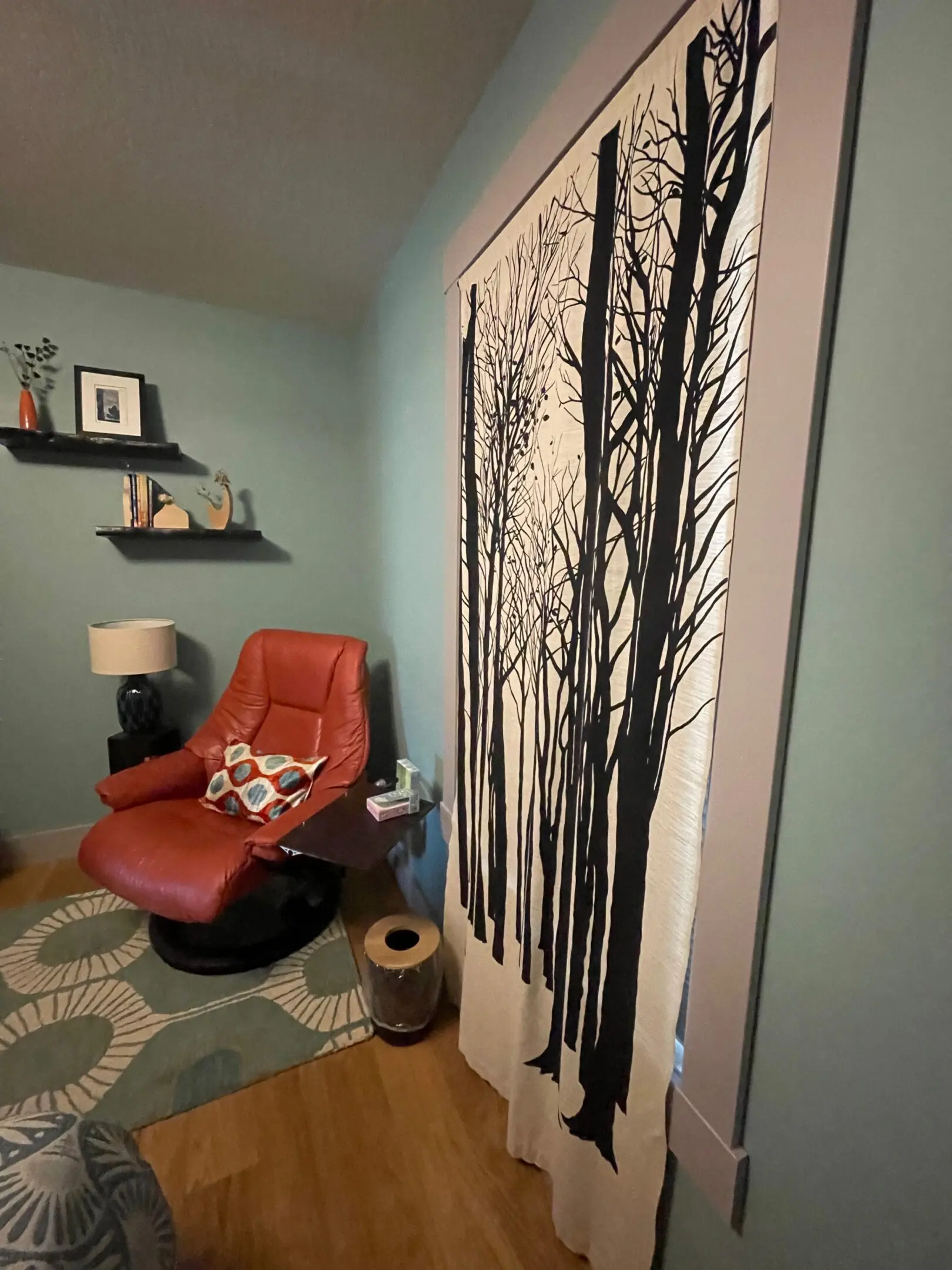 Cozy room with red chair and curtain.