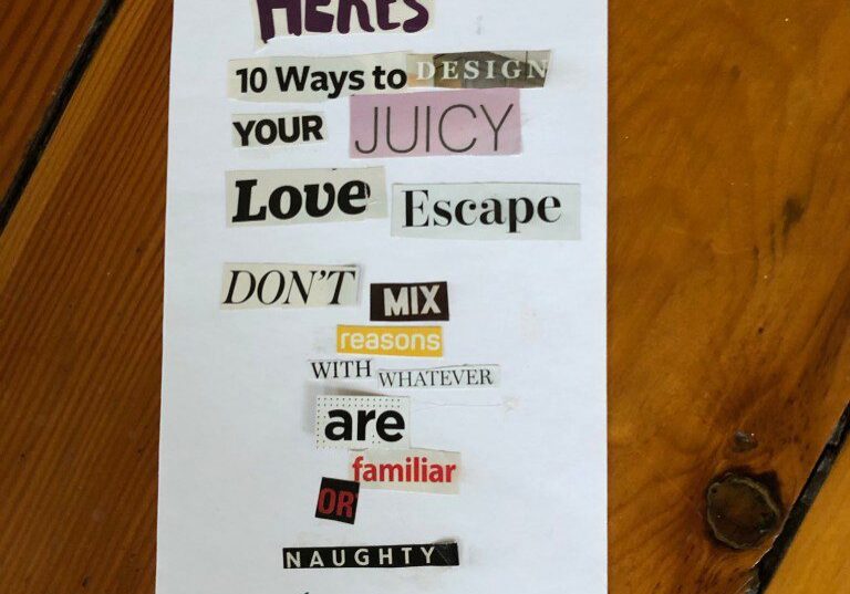 Collage of cut-out words on wood background.